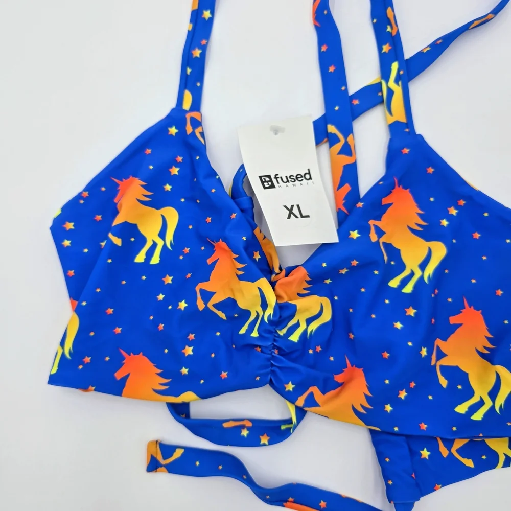 Fused Hawaii Bikini Top XL Blue‎ Unicorn Star Print Swimwear Adjustable NWT - Picture 3 of 8